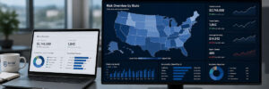 Risk management analytics dashboard showing state-level data across the United States.