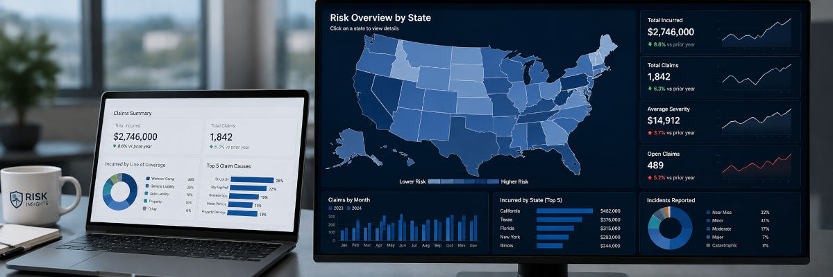 Risk management analytics dashboard showing state-level data across the United States.